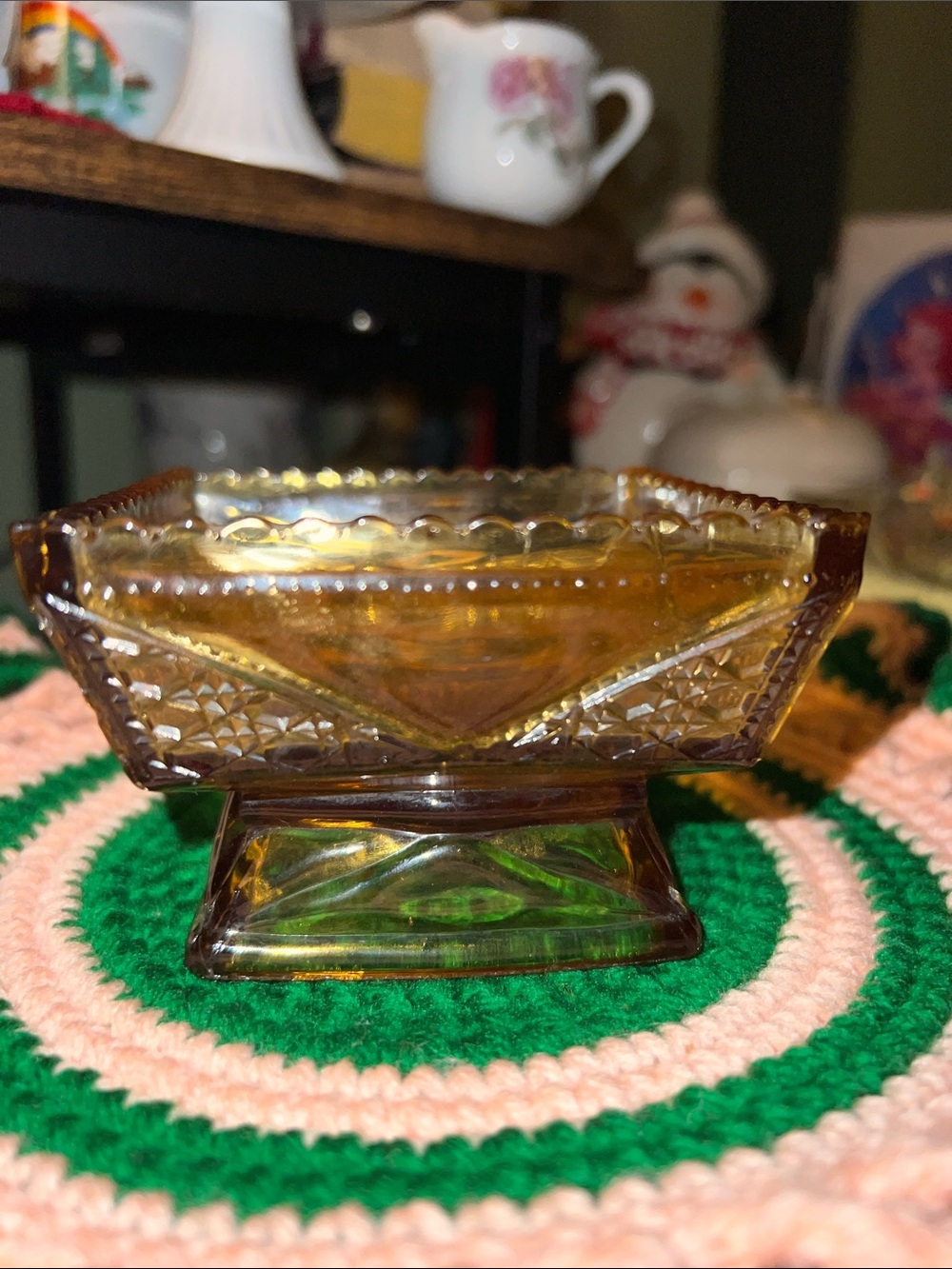 VTG Amber Carnival Glass Nut Candy Bowl Rippled Rim Detailed Design Square - Picture 9 of 10